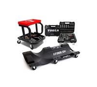 Tabouret Roulant BM TOOLS, Plateau Outils de Rangement avec Chariot de visite et Coffret 108 outils, PACK Garagiste, Mécano Auto