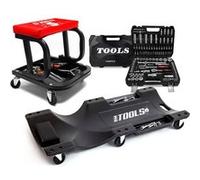 Tabouret Roulant BM TOOLS, Plateau Outils de Rangement avec Chariot de visite et Coffret 108 outils, PACK Garagiste, Mécano Auto