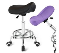 Tabouret Selle de Cheval pour Anti-mal de Dos, Tabouret Ergonomique à Roulettes, Esthetique Réglable en Hauteur de 46 à 59cm, Tabouret-Roulettes avec Coussins Rembourrés, Ensemble Noir et Violet