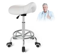 Tabouret Selle de Cheval pour Anti-mal de Dos, Tabouret Ergonomique à Roulettes, Tabouret Esthetique Réglable en Hauteur de 46 à 59cm, Tabouret Roulettes avec Coussins Rembourrés pour Dentiste, Blanc