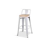 - Chaise de bar, tabouret haut style industriel avec petit dossier en métal blanc mat et assise en bois naturel clair