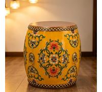 Tabouret Tambour À Motif Floral Doré Peint À La Main, Bout de Canapé Style Chinois pour Salon ou Balcon, Sellette Décorative Résistante(Yellow)