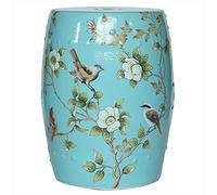 Tabouret Tambour en céramique Fleur et Oiseau, Tabouret décoratif de Jardin, adapté au, Patio, à la pelouse, l'intérieur l'extérieur Maison(Bule)