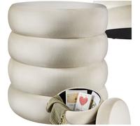 TecTake® Tabouret Repose Pied Pouf avec Rangement Pouf Salon Velours Crème Ø42x47cm jusqu'à 120 kg Design scandinave Cosy pour Coiffeuse, Salon, Chambre, Bureau, entrée, Maquillage Coffre de Rangement