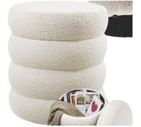 tectake® Tabouret Repose Pied Pouf avec Rangement Pouf Salon en Tissu Bouclette Crème Ø42x47cm jusqu'à 120 kg Design scandinave Cosy pour Coiffeuse, Salon, Chambre, Bureau, entrée