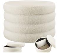 Tabouret - TECTAKE - Tabouret avec espace de rangement ALTU XL en bois MDF rond à l'aspect bouclé, Ø 67 x 42 cm - Crème/Blanc