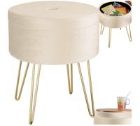 Tabouret - TECTAKE - Tabouret rond AVA avec coffre de rangement 105 L aspect velours rembourré, Ø 37,5 x 44,5 cm - Crème