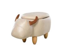 Tabouret Vache - Pouf Vachette - Pouf Taureau Coffre De Rangement 2 En 1 - Pieds Bois D'hévéa Revêtement Synthétique Crème