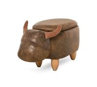 HOMCOM Tabouret Vache - Pouf Vachette - Pouf Taureau Coffre de Rangement 2 en 1 - Pieds Bois d'hévéa revêtement synthétique Aspect Daim Vieilli Marron