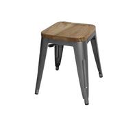 Tabourets Bistro Bas en Acier Gris Métal avec Assise en Bois x 4