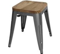 Tabourets Bistro Bas en Acier Gris Métal avec Assise en Bois x 4
