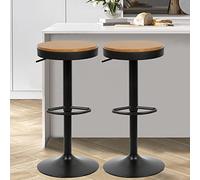 Tabourets de Bar Chaises de Salle à Manger, Tabouret en Bois Hauteur Réglable à 360°, Tabouret de Bar en Bois et Métal, pour Maison Cuisine Comptoir Bistro,φ36cm,Lot de (Châssis noir-2PC)