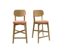 Tabourets de bar en bois clair chêne et tissu effet velours terre brûlée H65 cm (lot de 2) LUCIA