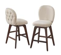 Helloshop26 Tabourets de Bar Lot de 2 pivotants avec Dossier et Pieds en Bois Assise en Tissu Chenille Hauteur d’Assise 665 cm pour îlot Central Beige 12_0007988