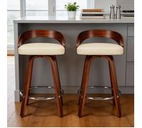 Tabourets de bar pivotants - Design milieu du siècle - Cuir PU beige - Dossier bois noyer - Mousse 6 5 cm rotation 360°