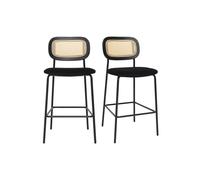 Tabourets design en velours noir, métal noir et cannage rotin (lot de 2) MIRANDA