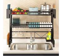 Tacarlha Égouttoir à vaisselle à 2 niveaux au-dessus de l'évier, longueur réglable avec porte-ustensiles, grande capacité, organisateur peu encombrant pour assiettes, bols, éponges, fruits - Métal