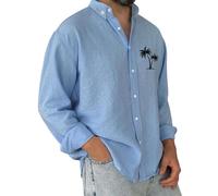 tacniseyw Chemise Oxford décontractée pour homme - Chemise à manches longues - Uni - Sans repassage - Col à bandes - Respirant - Imprimé palmier - Haut léger et extensible, bleu ciel, XL