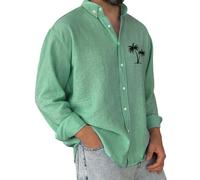 tacniseyw Chemise Oxford décontractée pour homme - Chemise à manches longues - Uni - Sans repassage - Col à bandes - Respirant - Imprimé palmier - Haut léger et extensible, Vert, XXL