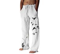 tacniseyw Pantalon décontracté pour homme - Longueur cheville - Tendance - Imprimé arbre oiseau - Pantalon en coton et lin - Jambe large - Coupe droite - Jambe droite - Avec cordon de serrage