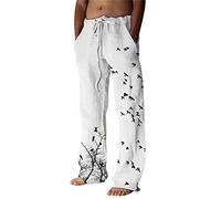 tacniseyw Pantalon décontracté pour homme - Longueur cheville - Tendance - Imprimé arbre oiseau - Pantalon en coton et lin - Jambe large - Coupe droite - Jambe droite - Avec cordon de serrage