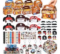 Tacobear 114pcs Cadeau Anniversaire Pirate Enfants Masque en Feutre Coffre Trésor Bracelet à Claquer Porte-Clés Tatouage Autocollant Bague Moustache Boite Cadeau Kit Pirate Pinata Anniversaire Garcon