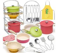 Tacobear Accessoire Cuisine Enfant Dinette Ustensile Cuisine avec Tablier Gant Casserole et Poêle en Acier Inoxydable Chef Jeu de Rôle Éducatif Cadeau Jouet Fille Garçon 3 4 5 Ans