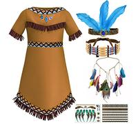 Tacobear Déguisement Indien Enfant Robe Indien avec Bandeau Plume Collier Ras du Cou Indien Tatouages Cosplay Accessoires Déguisement Indienne Fille Costume pour Carnaval Fête de Thème (120, 5-6 Ans)