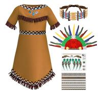 Tacobear Déguisement Indien Enfant Robe Indien avec Bandeau Plume Collier Ras du Cou Tatouage Costume Indienne Fille Déguisement pour Carnaval Halloween Noël (150, 9-10 Ans)