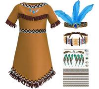Tacobear Déguisement Indien Enfant Robe Indien avec Bandeau Plume Collier Ras du Cou Tatouage Déguisement Indienne Fille Costume pour Carnaval Halloween Noël (140, 7-8 Ans)