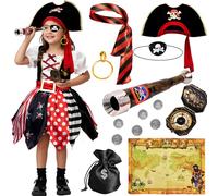 Tacobear Deguisement Pirate Enfant Fille Robe Costume Pirate avec Chapeau Bandana Cache-Oeil Télescope Boussole Kit Déguisement pour Halloween Carnaval (110, 4-5 Ans)