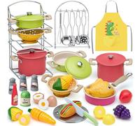 Tacobear Kit Accessoire Cuisine Enfant Dinette Ustensile Cuisine avec Fruit Nourriture Tablier Casserole et Poêle en Acier Inoxydable Jeu de Rôle Éducatif Cadeau Jouet Fille Garçon 3 4 5 Ans
