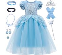 Tacobear Robe Cendrillon Fille Déguisement Princesse Robe Costume avec Couronne Gants pour Anniversaire Fête Cosplay Halloween Noël Partie Carnaval (130)