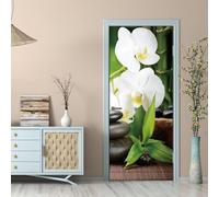 TACOKI Sticker Porte Style Chinois, Stickers Porte Trompe L'oeil Feuilles de Bambou Orchidée Autocollant Poster Auto-Adhésif Art Décor Pour Chambre Salon Salle de Bain Papier Peint 100x200 cm 3608z