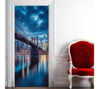 TACOKI Sticker Porte Vue Nocturne du Pont de Brooklyn, Stickers Porte Trompe L'oeil New York Autocollant Poster Auto-Adhésif Art Décor Pour Chambre Salon Salle de Bain Papier Peint 90x200 cm 4253n