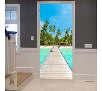 TACOKI Sticker Porte Vue Sur la Mer, Stickers Porte Trompe L'oeil Palmier Autocollant Poster Auto-Adhésif Art Décor Pour Chambre Salon Salle de Bain Papier Peint 90x210 cm 4425z