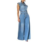 TACSTRUN Denim Jumpsuit pour Les Femmes Casual sans Manches à Taille Haute lavé lâche Jambe Large Jean Pants Rompers,Bleu,XL