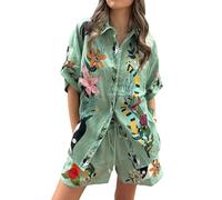 TACSTRUN Ensemble Deux pièces pour Femmes, Tenue de Salon, Chemise Ample à Manches Courtes et Short, Pyjama d'été décontracté,Vert,M