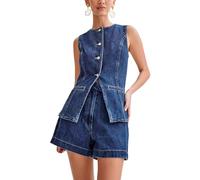 TACSTRUN Ensemble en jean pour femmes, décontracté, business, sans manches, hauts et shorts, tenue en denim 2 pièces, survêtements,Bleu,S