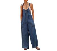 TACSTRUN Femme Combinaison en Denim sans Manches Dos Nu Jambe Large Salopette Pantalon Une pièce Tenues Décontracté Barboteuse d'été,Dark Blue,L