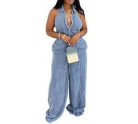TACSTRUN Femme Combinaison en Denim sans Manches sans Dos Nu Dos Nu Jambe Large Une pièce Pantalon Tenues Combishorteuses,Bleu,L