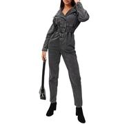 TACSTRUN Femmes Casual Manches Longues Denim Combinaison Taille Haute Revers Double Breasted Lavé Slim Fit Jeans Rompers,Gris,S