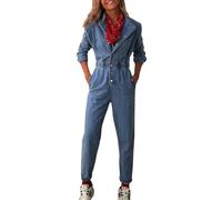 TACSTRUN Femmes Casual Manches Longues Denim Combinaison Taille Haute Revers Stretch Lavé Slim Fit Jeans Rompers,Bleu,L