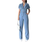 TACSTRUN Femmes Casual Short Sleeve Denim Jumpsuit Taille Haute Revers Stretch Slim Fit Jeans Rompers,Bleu,S