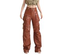 TACSTRUN Femmes Faux Cuir Cargo Pantalon Haute Taille Baggy Splicing PU Droite Large Jambe Pleather Pants avec Poches,Marron,M