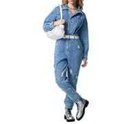 TACSTRUN Femmes Manches Longues Taille Haute Denim Jumpsuit Slim Fit Bouton déchiré Splicing Straight Jean Rompers avec Ceinture,Bleu,S