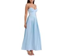 TACSTRUN Femmes Sexy Corset Plissé Robe Élégant Tube Haut Bustier Midi Robe Flowy Hem Low Cut Robes de Bal,Bleu,XS