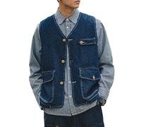 TACSTRUN Gilet en Denim pour Hommes Veste sans Manches Western en Plein air avec Poches pour la randonnée et Les Voyages,Bleu,XL