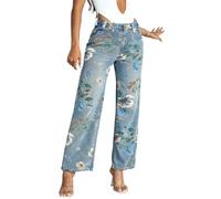 TACSTRUN Haute Taille Baggy Jeans Stretch Wide Leg imprimé brodé Straight Leg Denim Pants,Bleu,M