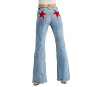 TACSTRUN Haute Taille élastique Bootcut Jeans Baggy Star Patch Distressed Straight Denim Pants,Light Blue,M